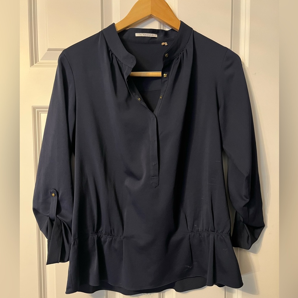 Tahari peplum waist top. Navy, size small